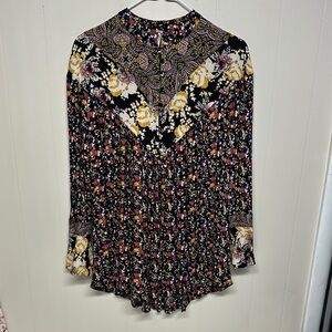 Free People Black Pleated Blouse with Bib Collar